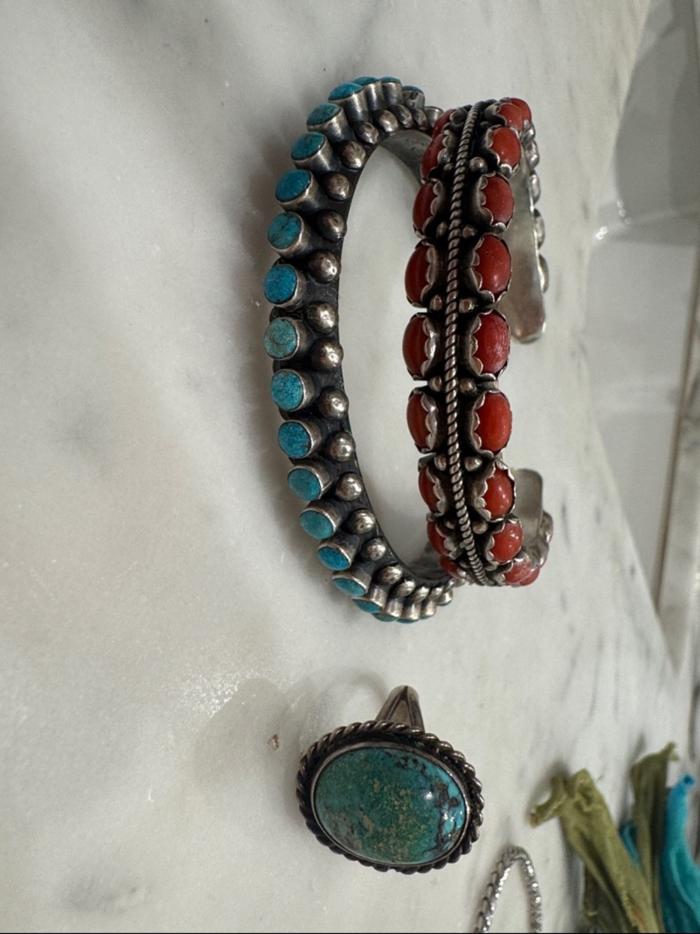 Turquoise and Coral Sterling-Style Cuff Bracelet Set - Women Jewelry